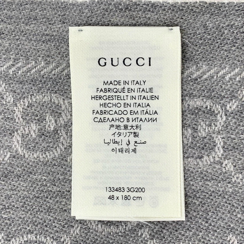 Gucci Gray Logo Wool Scarf with Fringes