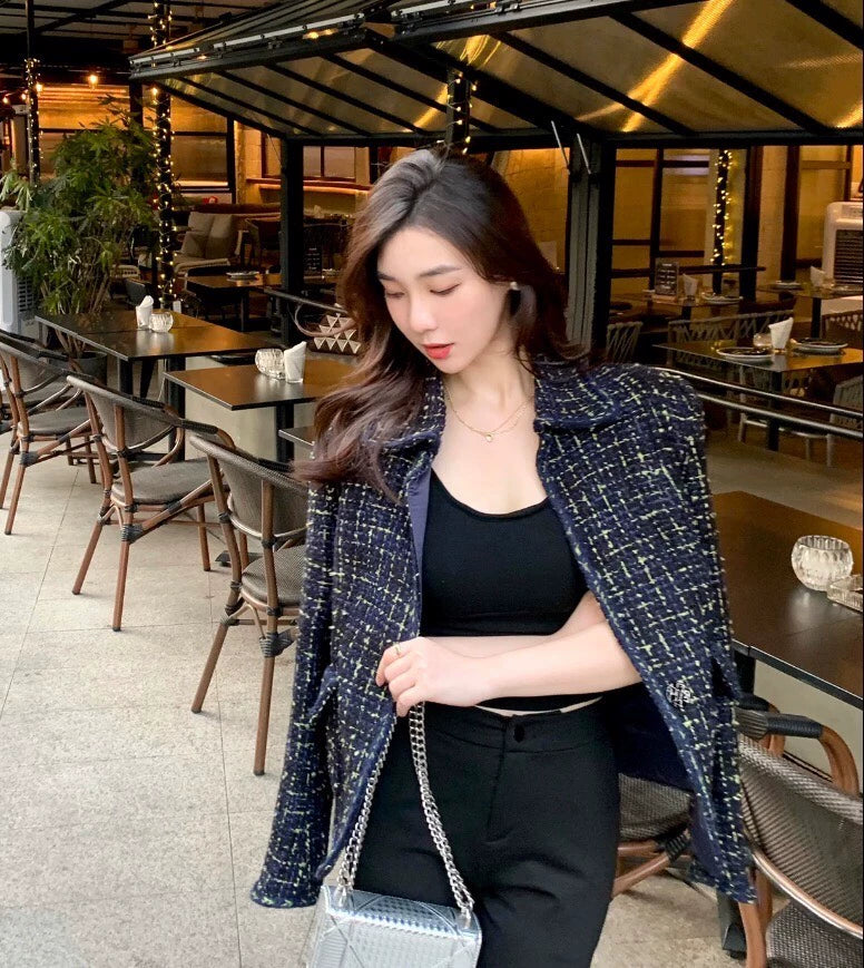 Chanel Blue Tweed Long Sleeve Jacket-yf