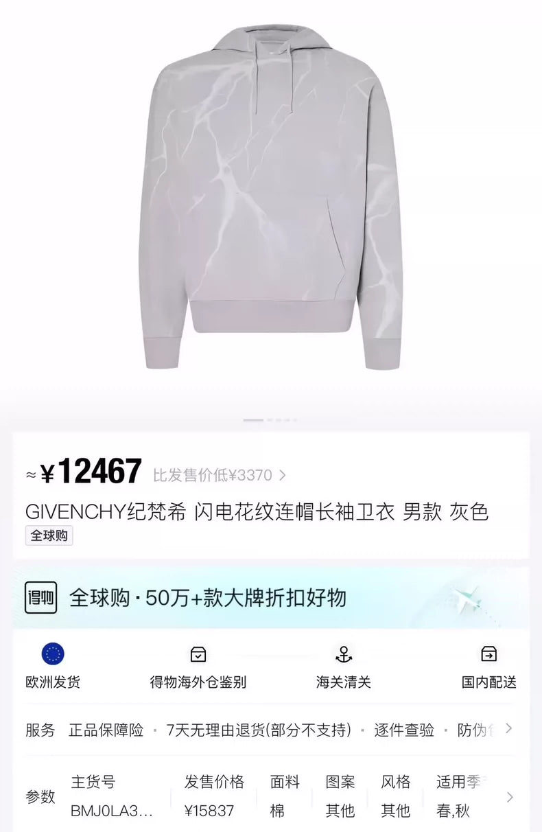 Givenchy Gray Lightning Pattern Hoodie