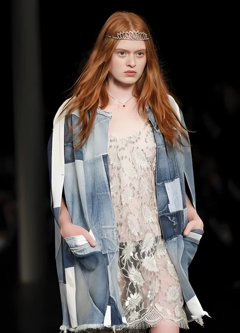 Saint Laurent Denim Cape with Fringe Detail