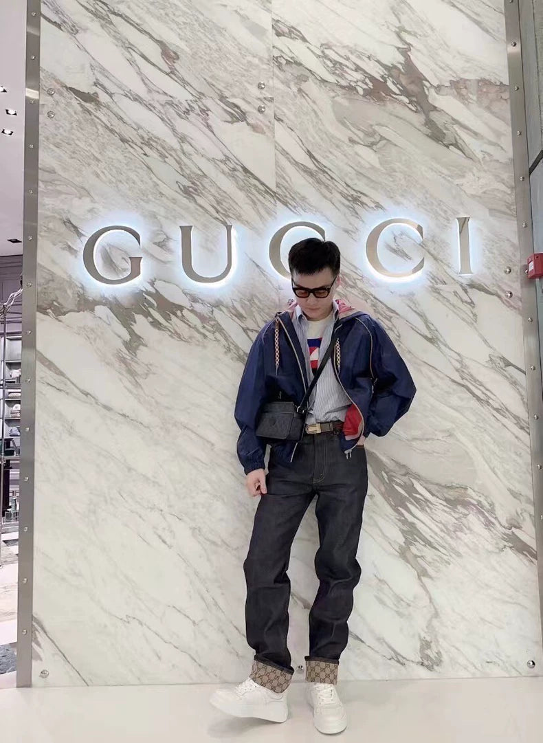 Gucci Blue Logo Print Hooded Jacket