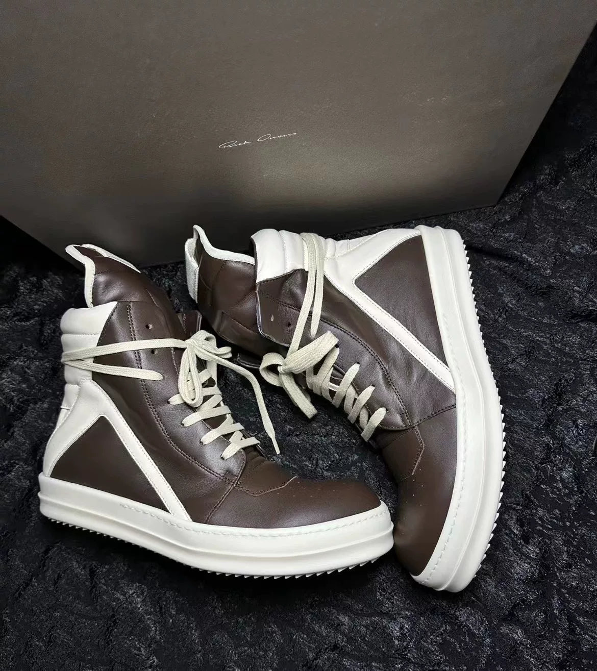 Rick Owens Brown Leather High-Top Sneakers