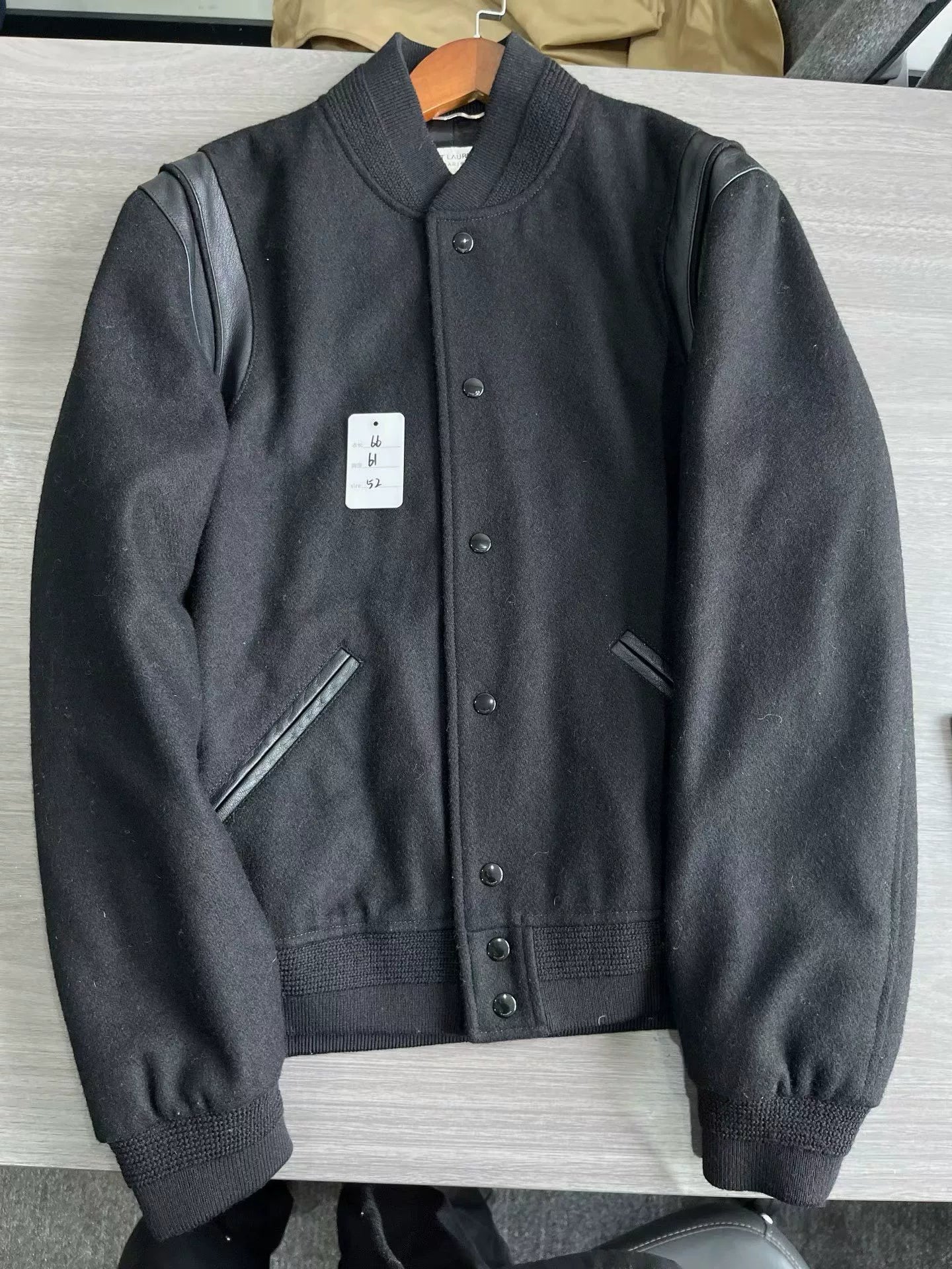 Saint Laurent Black Leather Sleeves Baseball Jacket