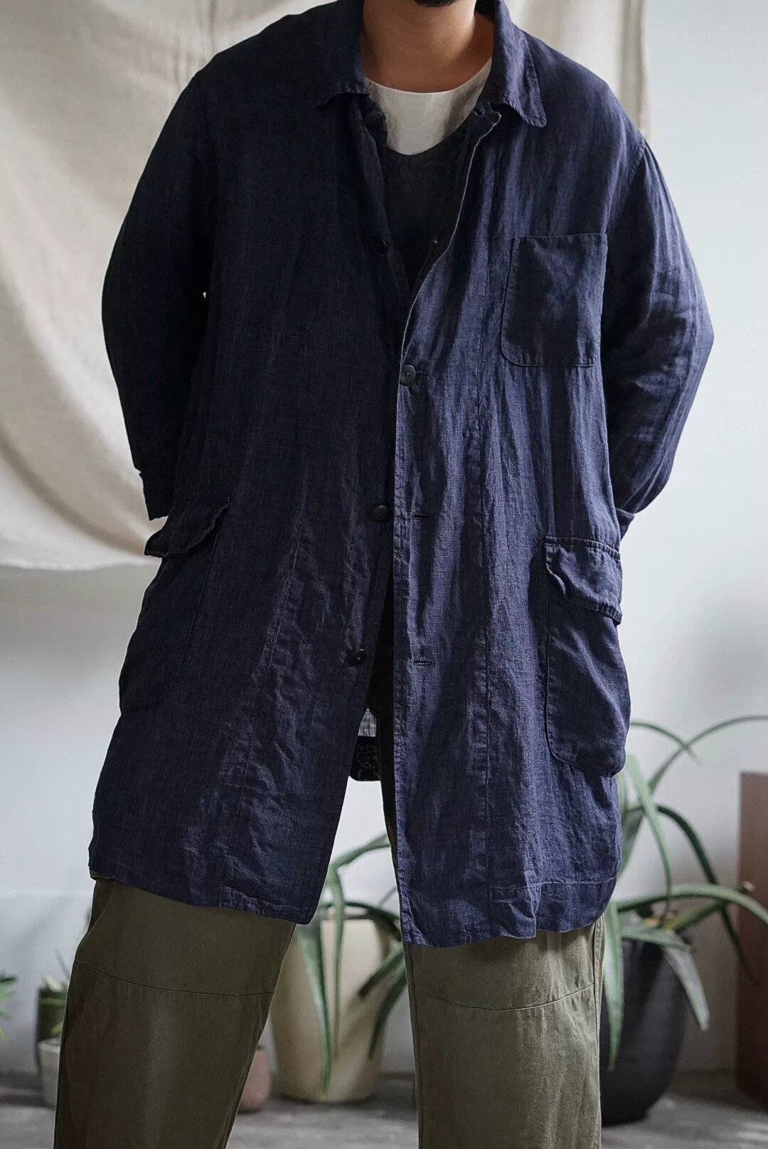 blue dyed linen long coat