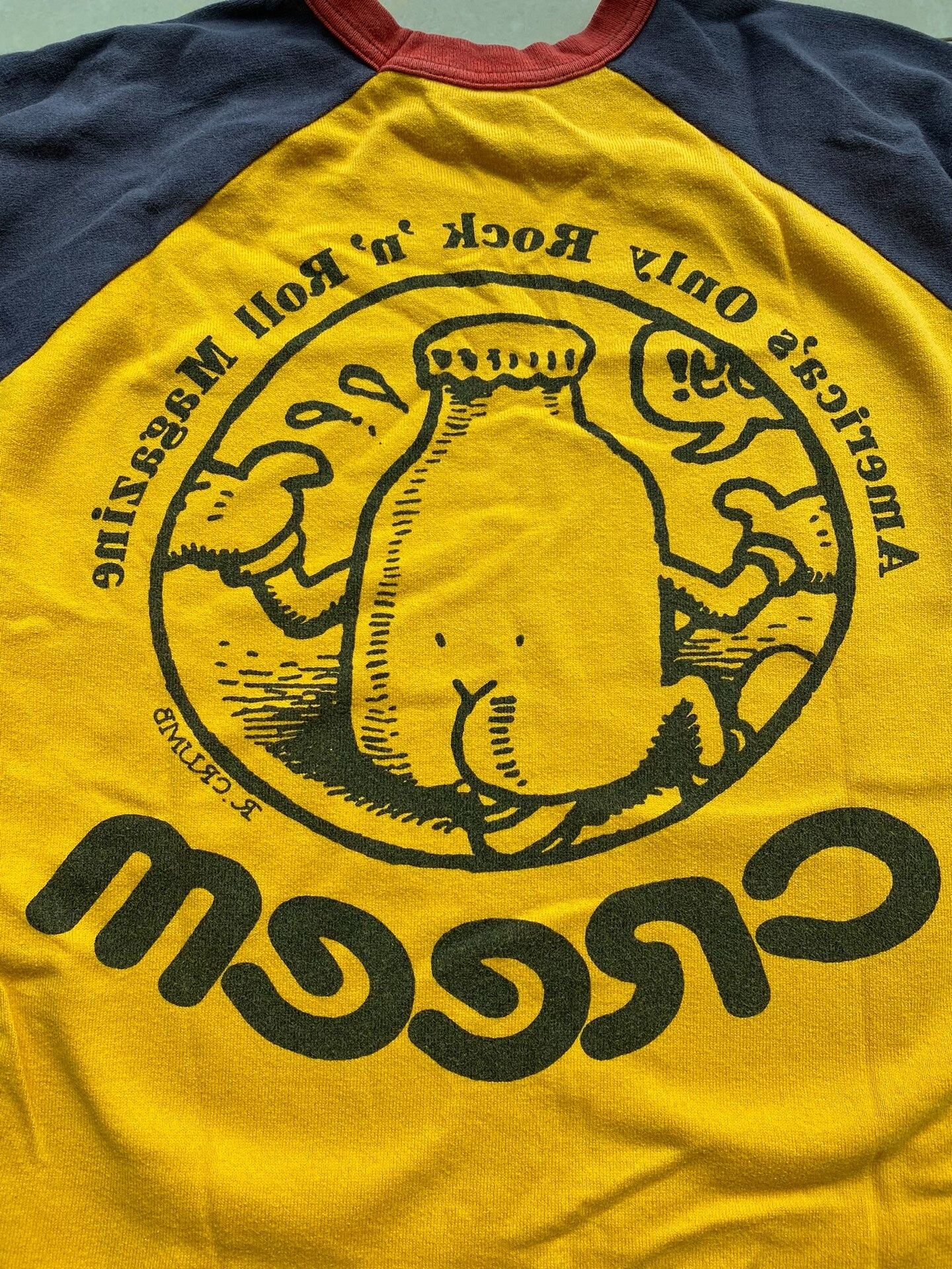 yellow blue graphic tee with 3/4 sleeves