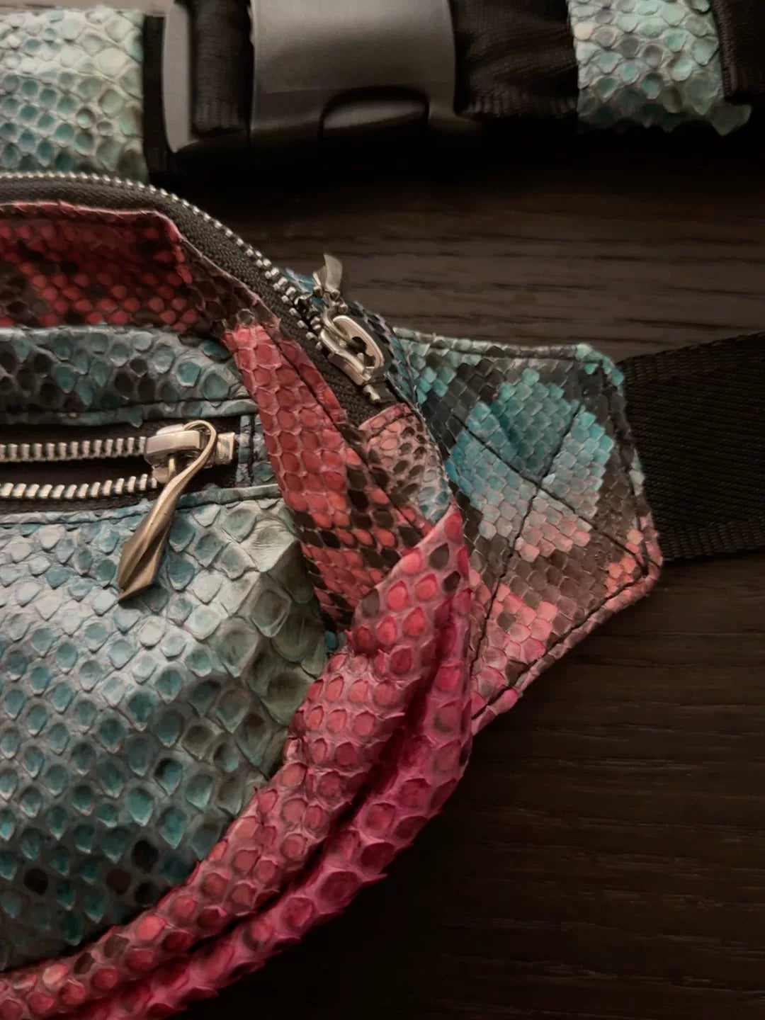 python leather waist bag with vivid print