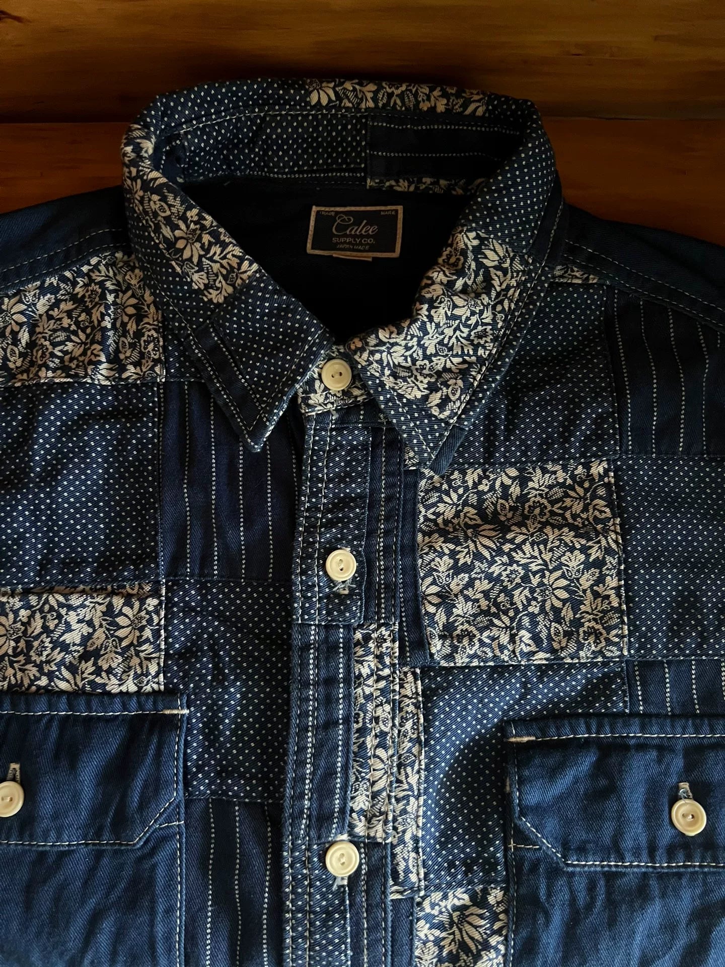 blue patchwork shirt with traditional dyeing