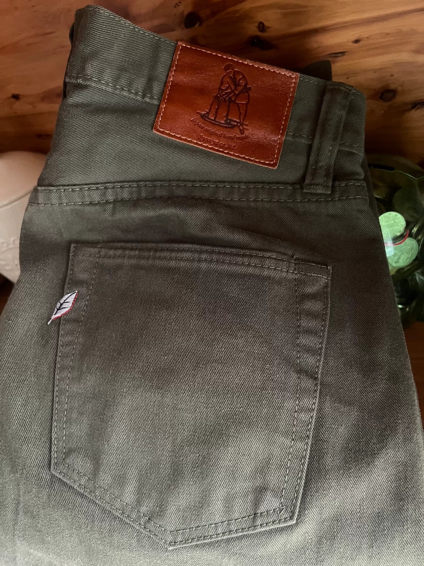 military green denim pants from Pure Blue Japan