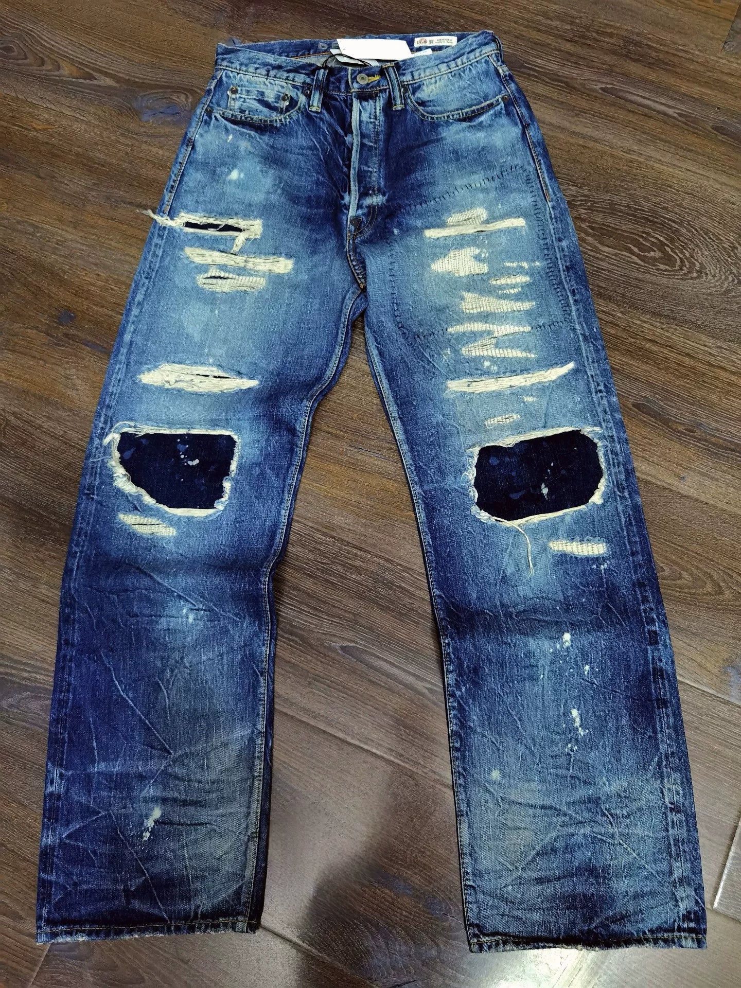 DENHAM Blue Distressed Paint Splatter Jeans