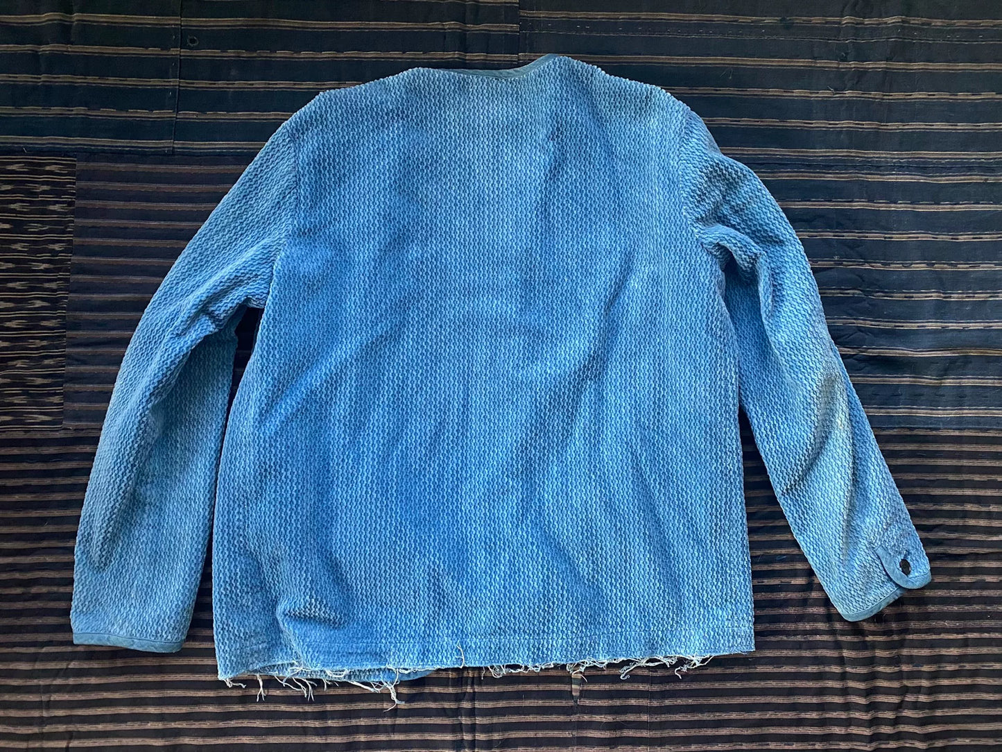 blue indigo collarless jacket