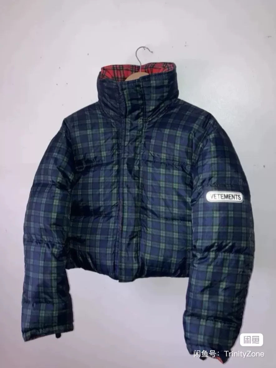 reversible plaid puffer jacket with hoods