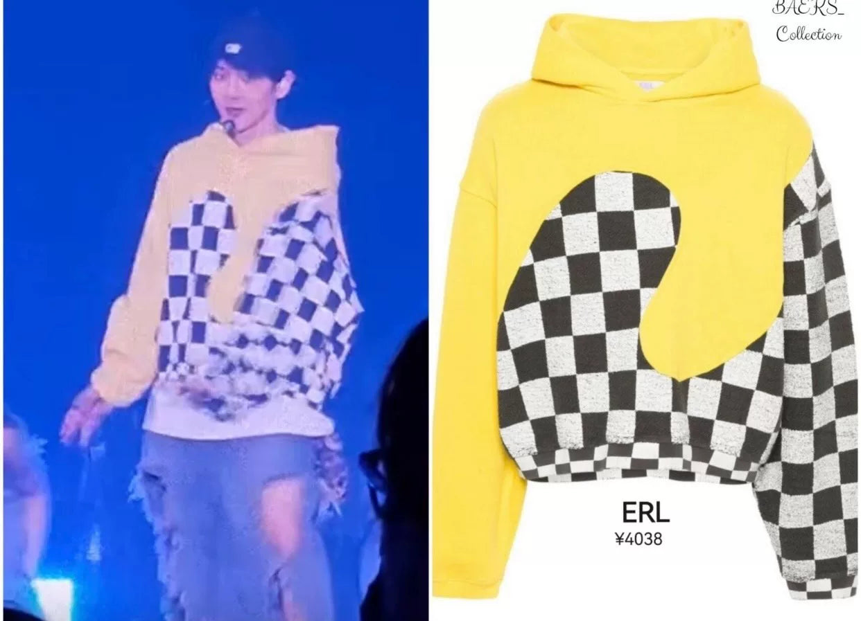 black and yellow checkerboard hooded sweatshirt