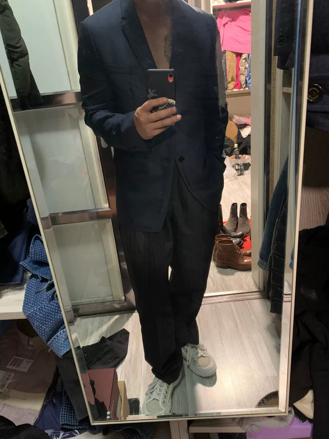 navy wool blazer with leather trim