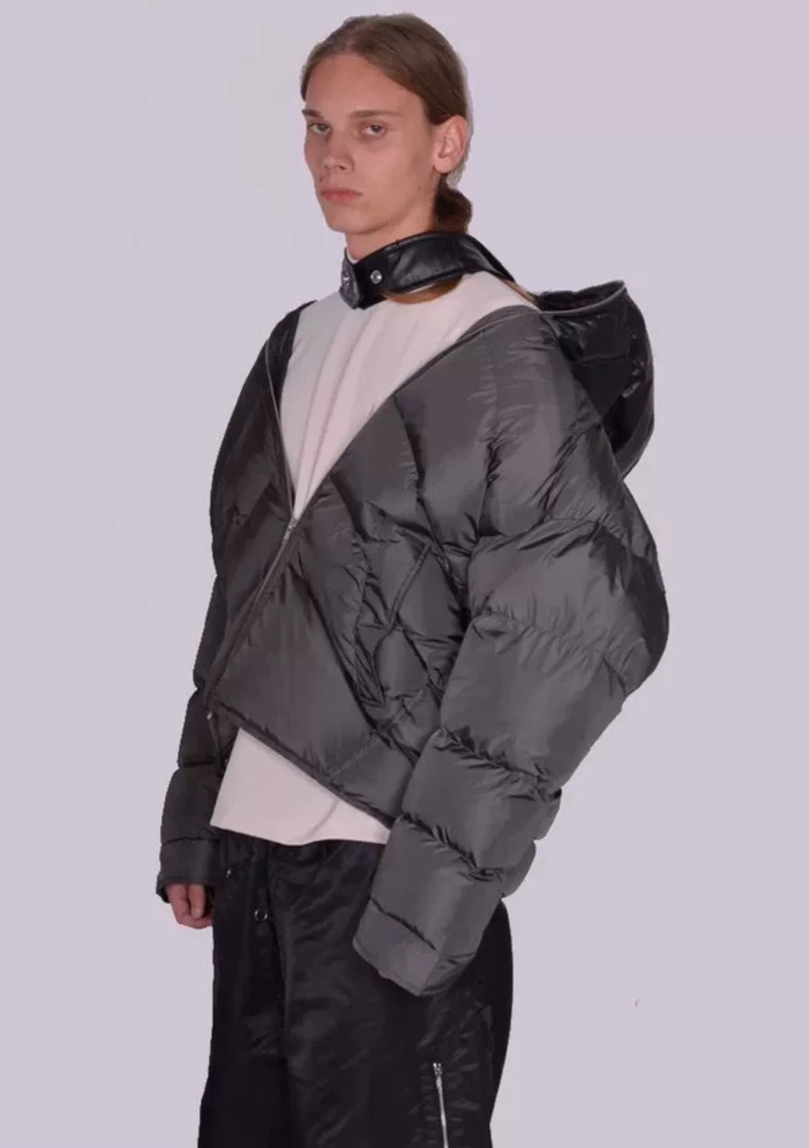 oversized gray-black leather cap puffer jacket