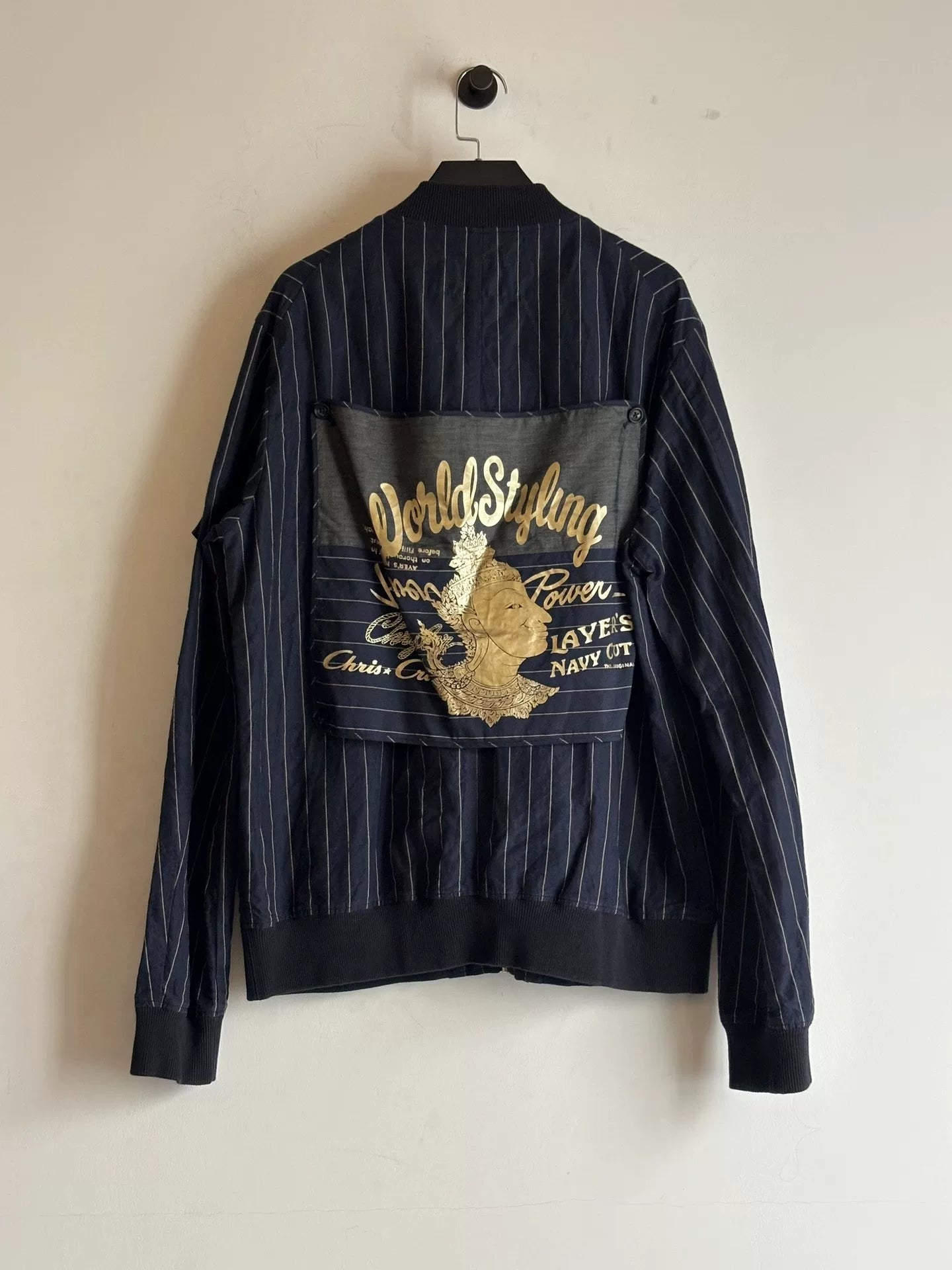 Decoster Striped Baseball Jacket in Navy Blue