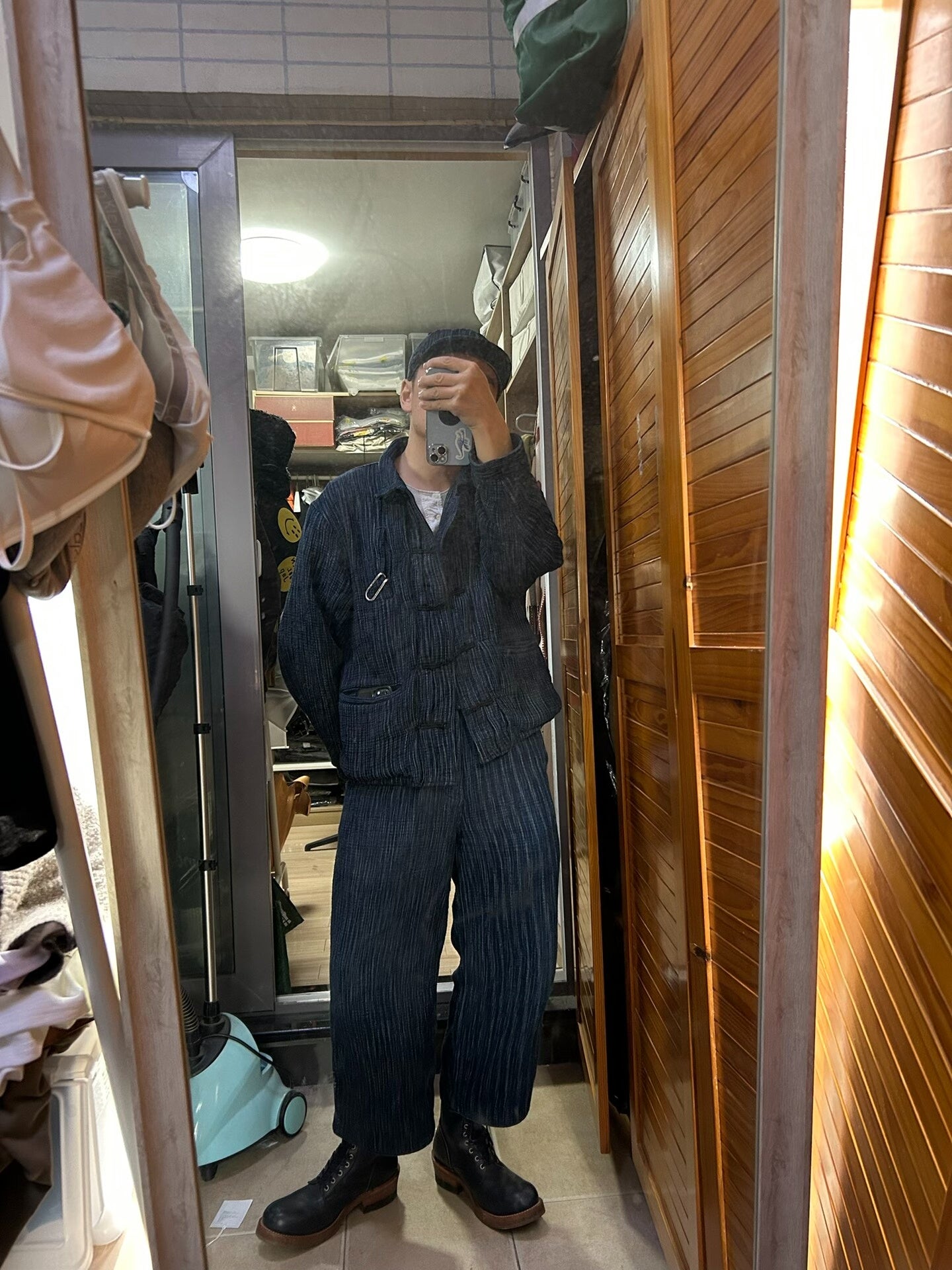 kasuri fabric Chinese knot jacket and pants