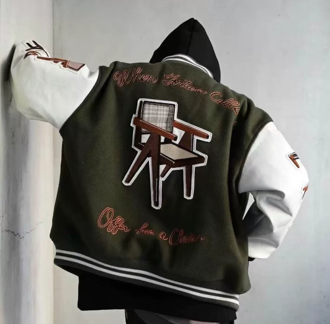 readymade baseball jacket with leather sleeves