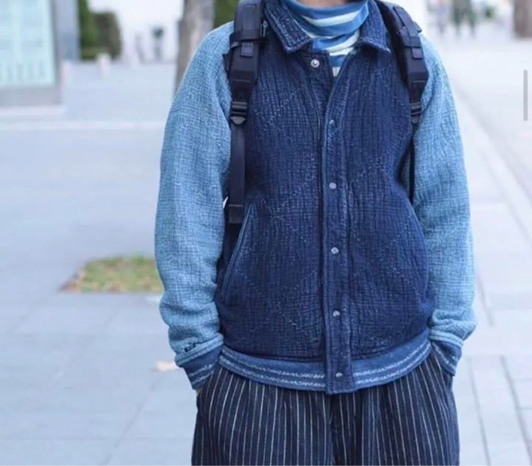 varsity jacket with indigo color block design