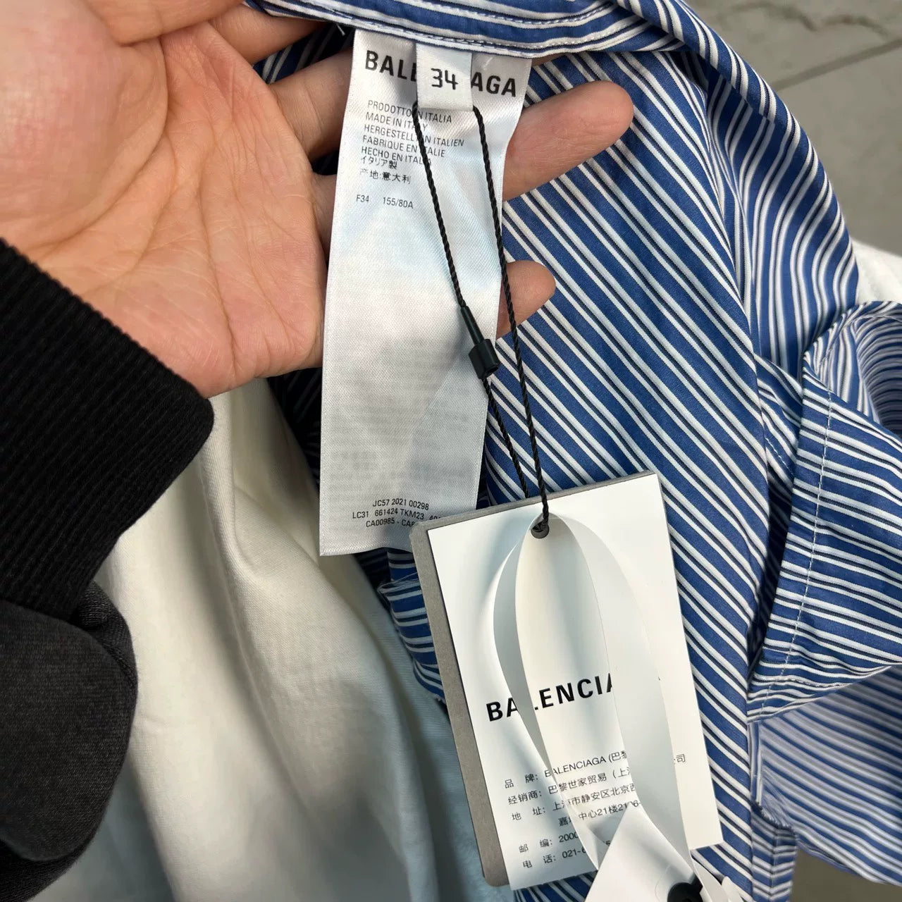 balenciaga blue striped shirt with white underlayer