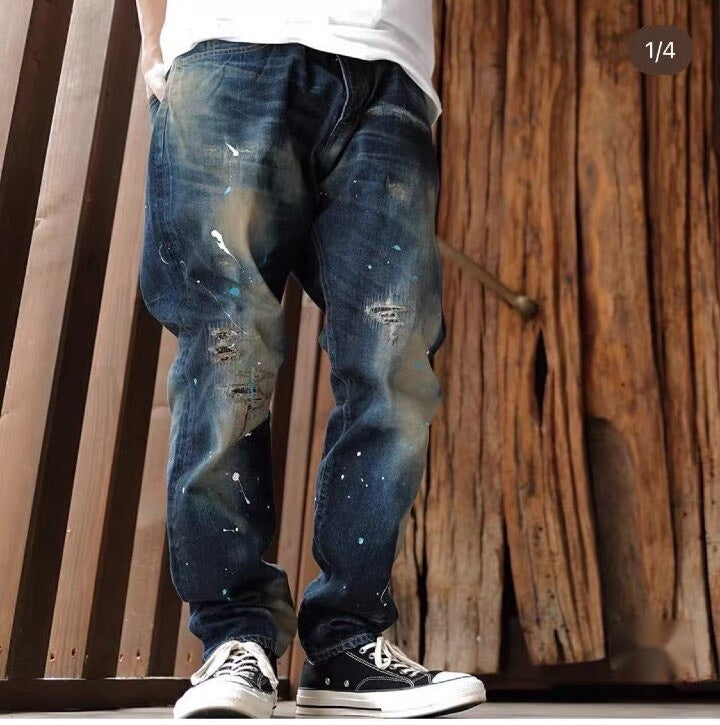distressed blue starry denim pants