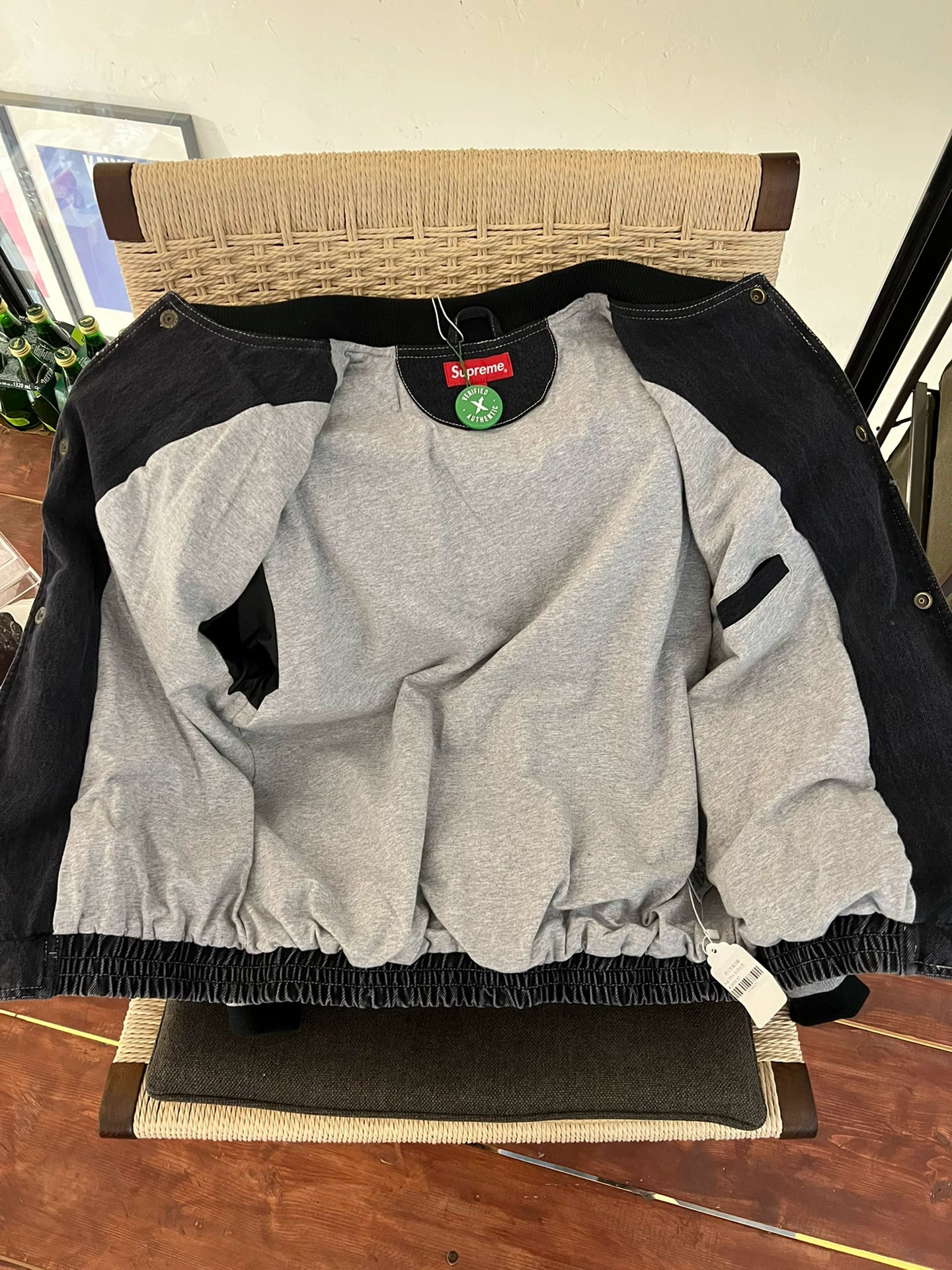 supreme denim varsity jacket in green and blue