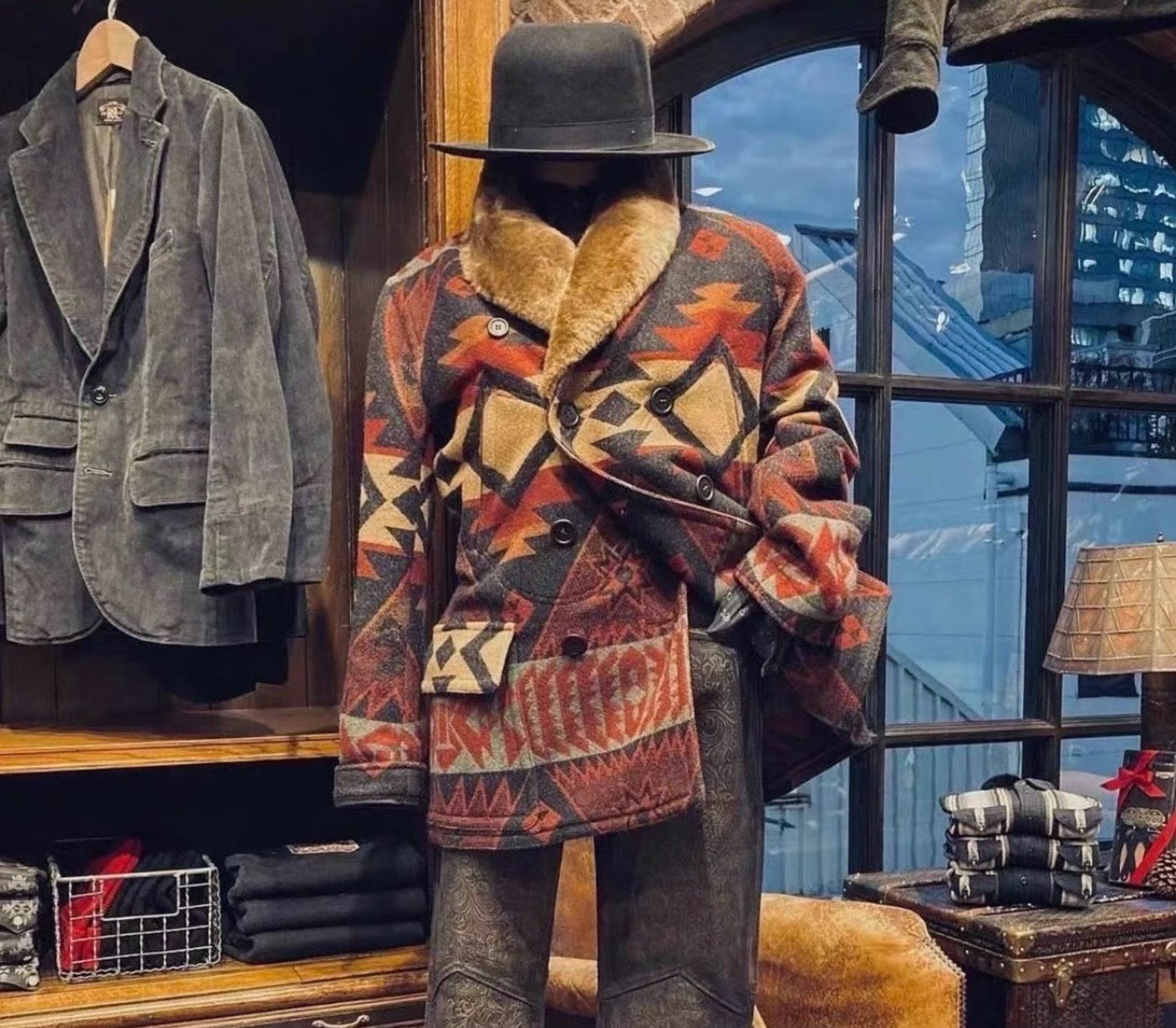 RRL Southwest Fur Collar Blanket Coat
