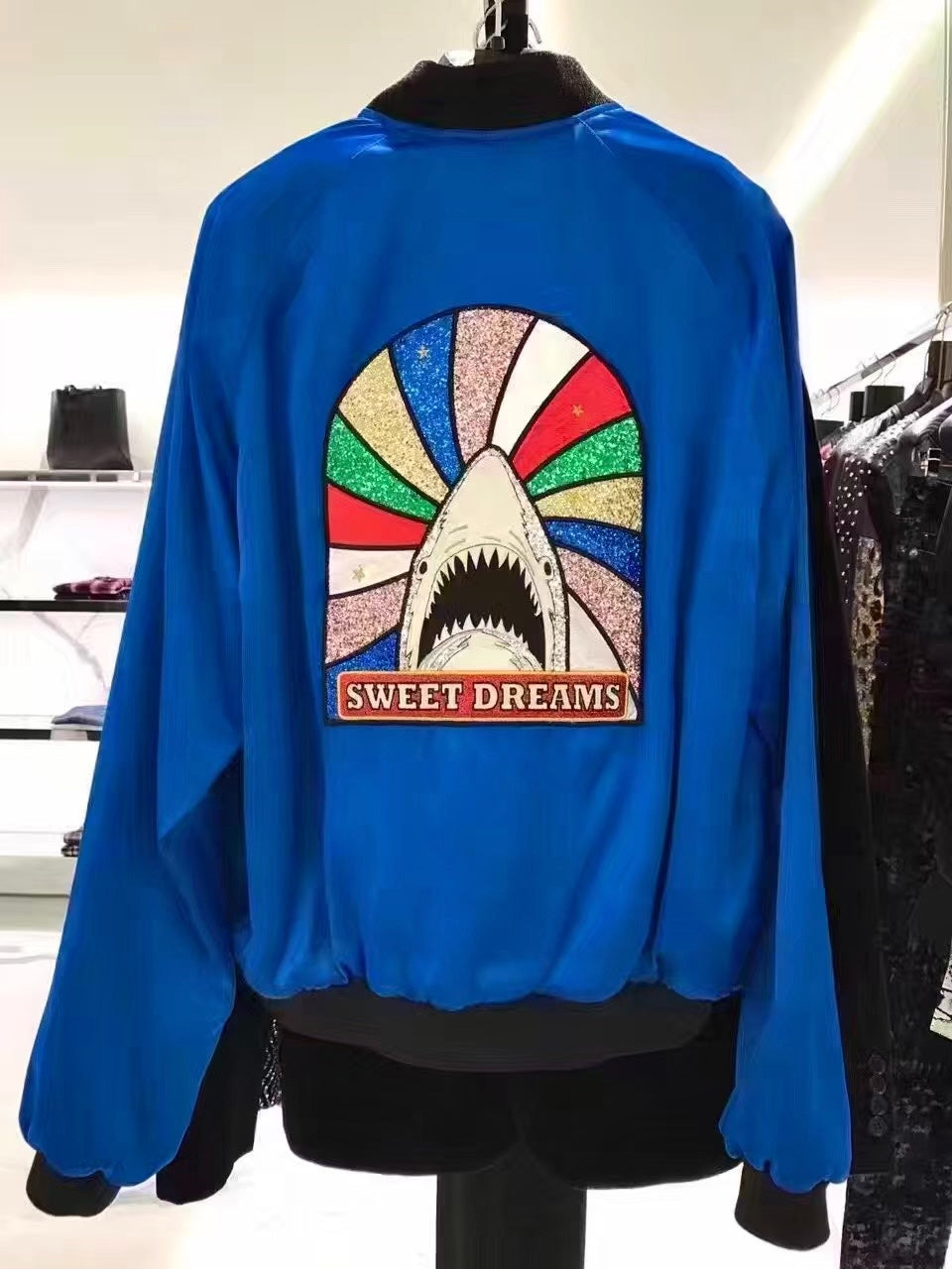 Saint Laurent Blue Satin Shark Bomber Jacket