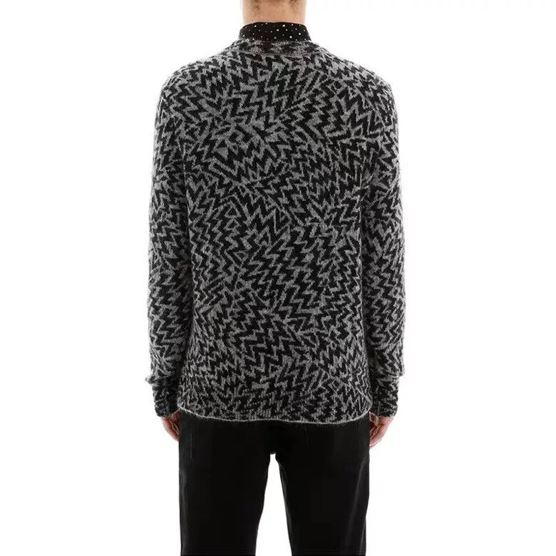 black and gray zigzag patterned sweater