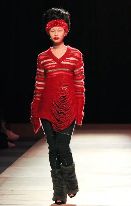 red knit distressed long sleeve sweater