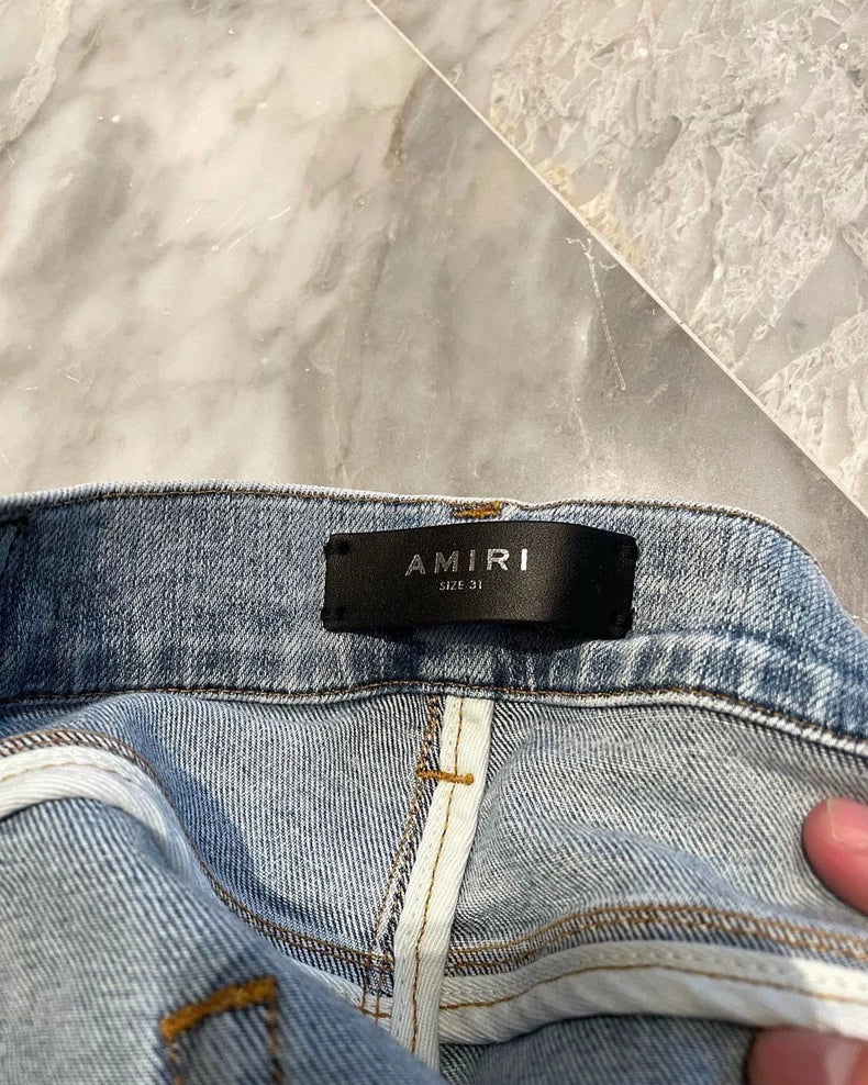 Amiri Wash Blue Orange Print Denim Pants