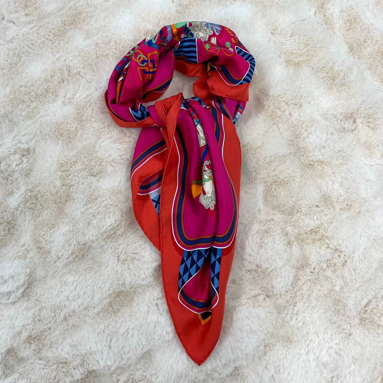 Hermes Red Silk Scarf with Patterns