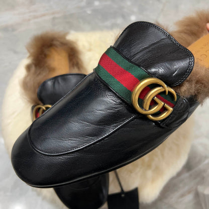 Gucci Princetown Black Fur Mules for Men 0079