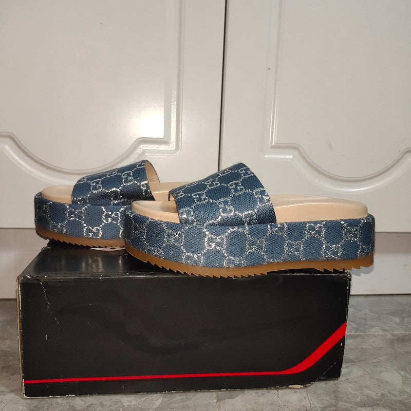 Gucci Blue and Brown Platform Slides 0079