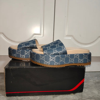 Gucci Blue and Brown Platform Slides 0079