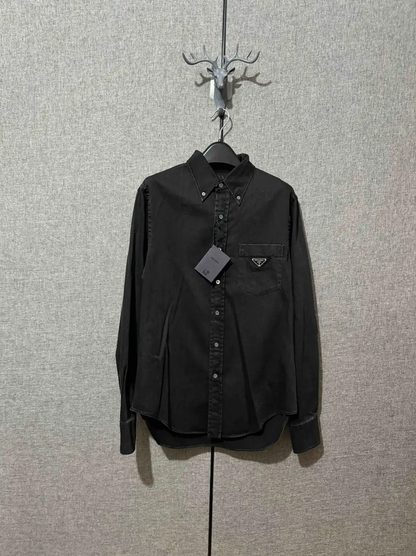 Prada Black Gray Embroidered Logo Shirt