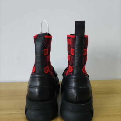 Gucci Leather GG Knit Ankle Boots in Red and Black 0079