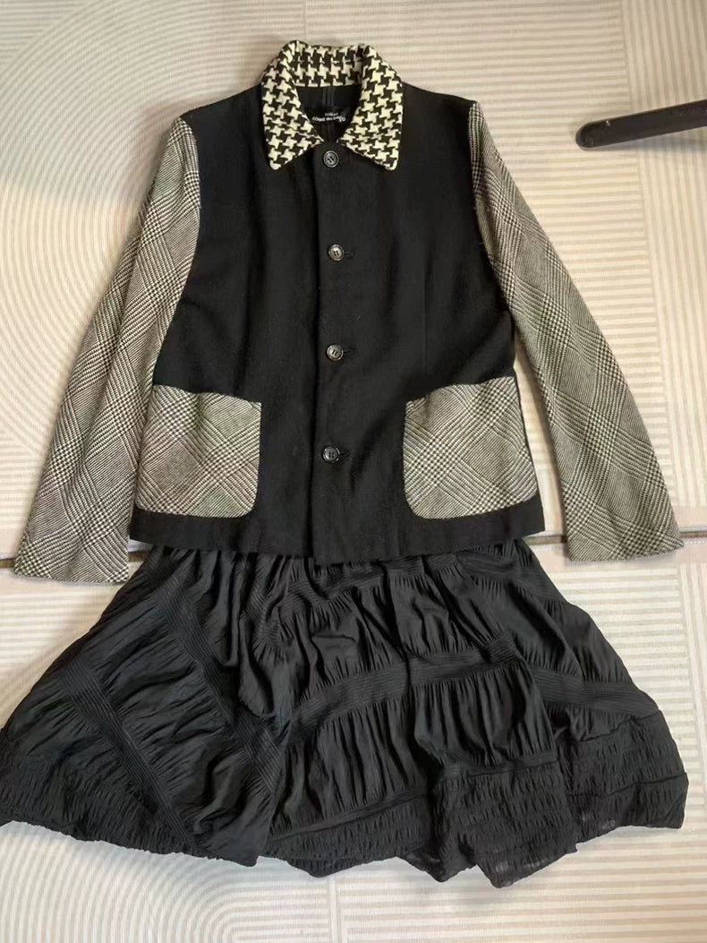 CDG Wool Blend Coat with Houndstooth Collar