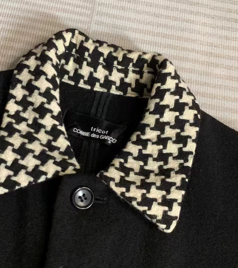 CDG Wool Blend Coat with Houndstooth Collar