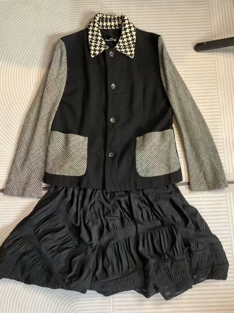 CDG Wool Blend Coat with Houndstooth Collar