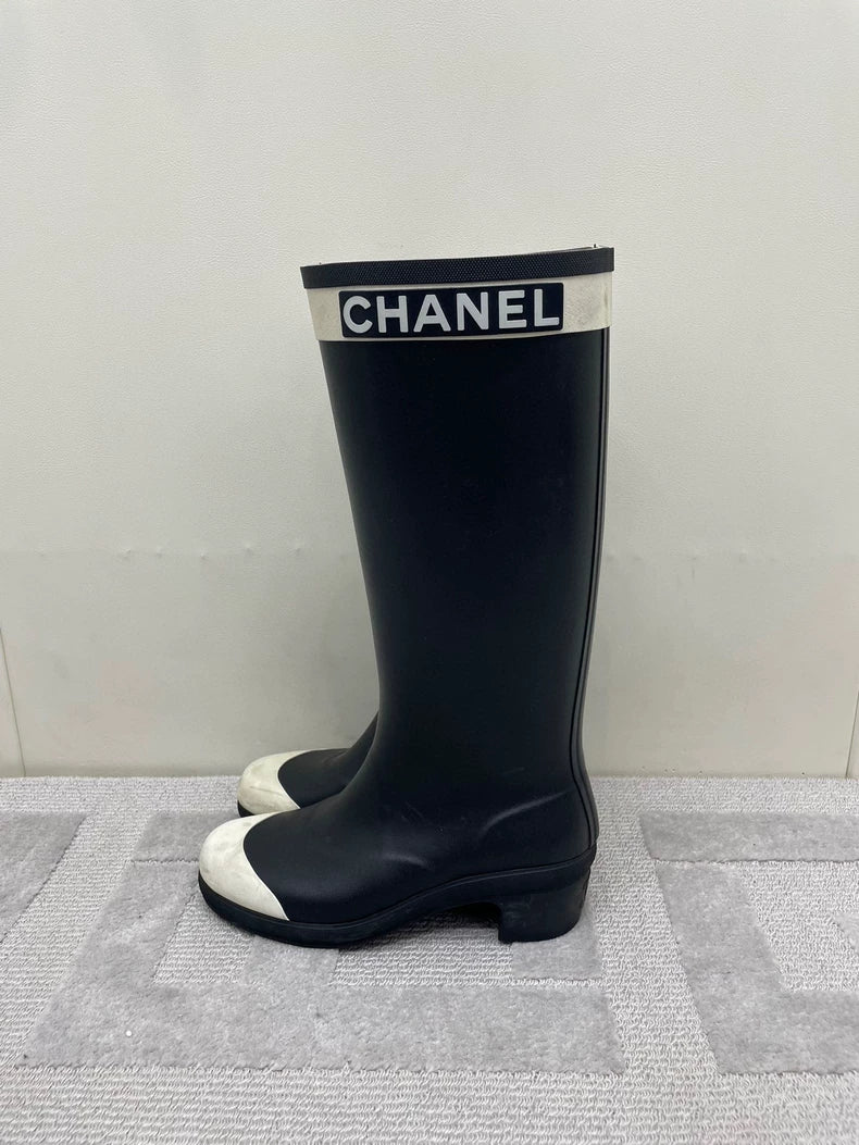 Chanel Black and White Rain Boots