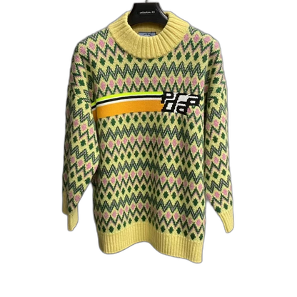 Prada Yellow Green Striped Logo Knit Sweater