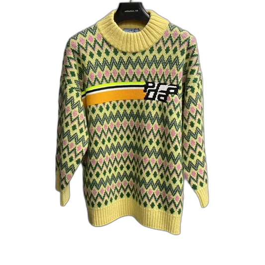 Prada Yellow Green Striped Logo Knit Sweater
