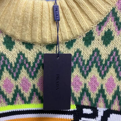 Prada Yellow Green Striped Logo Knit Sweater