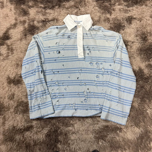 Distressed Striped Long-Sleeve Polo Shirt