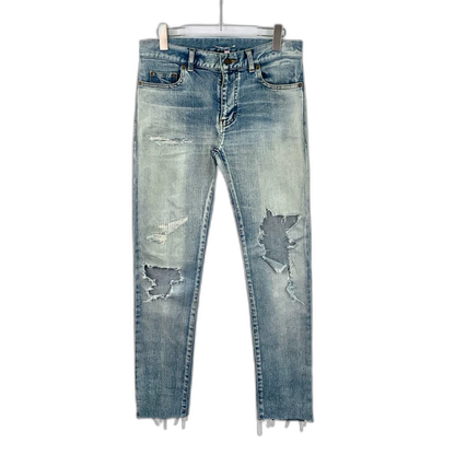 Saint Laurent Blue Distressed Cotton Denim Pants