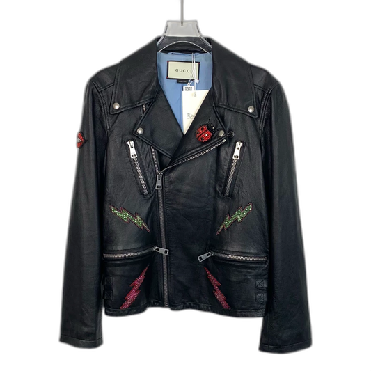 Gucci Black Leather Biker Jacket with Beads