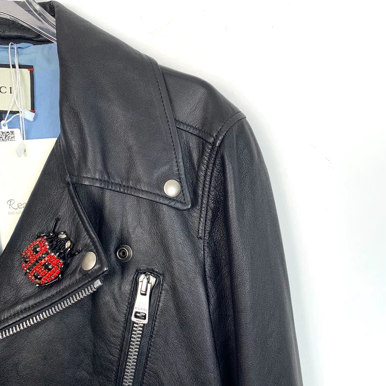 Gucci Black Leather Biker Jacket with Beads