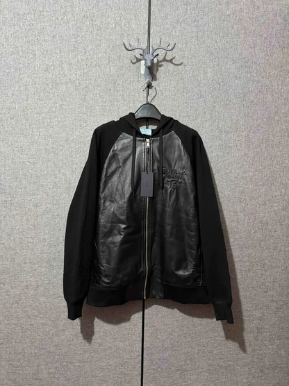 Prada Black Leather Logo Hooded Jacket for Men