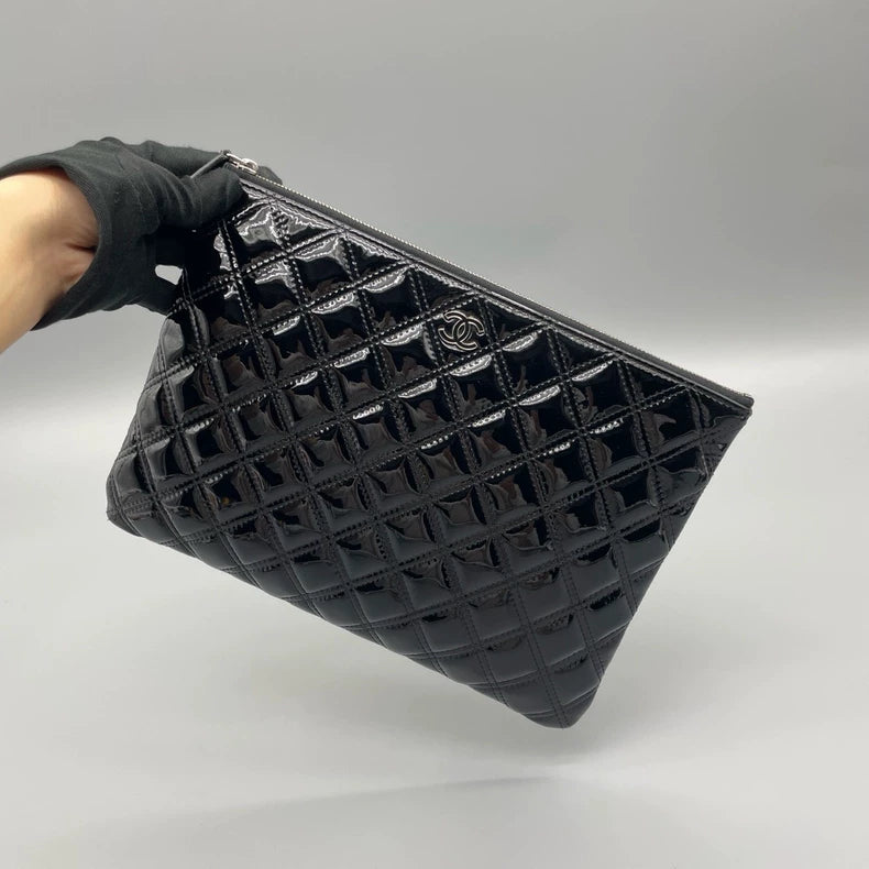 Chanel Patent Leather Quilted Clutch Purse