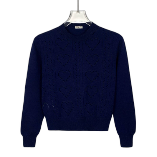 Dark Blue Heart Pattern Knitted Sweater